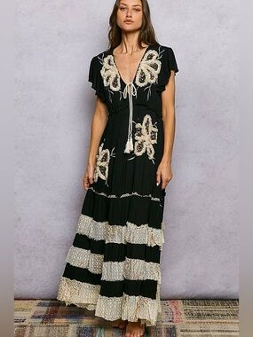 P04 . POL Black Maxi Dress with Cream Embroidery